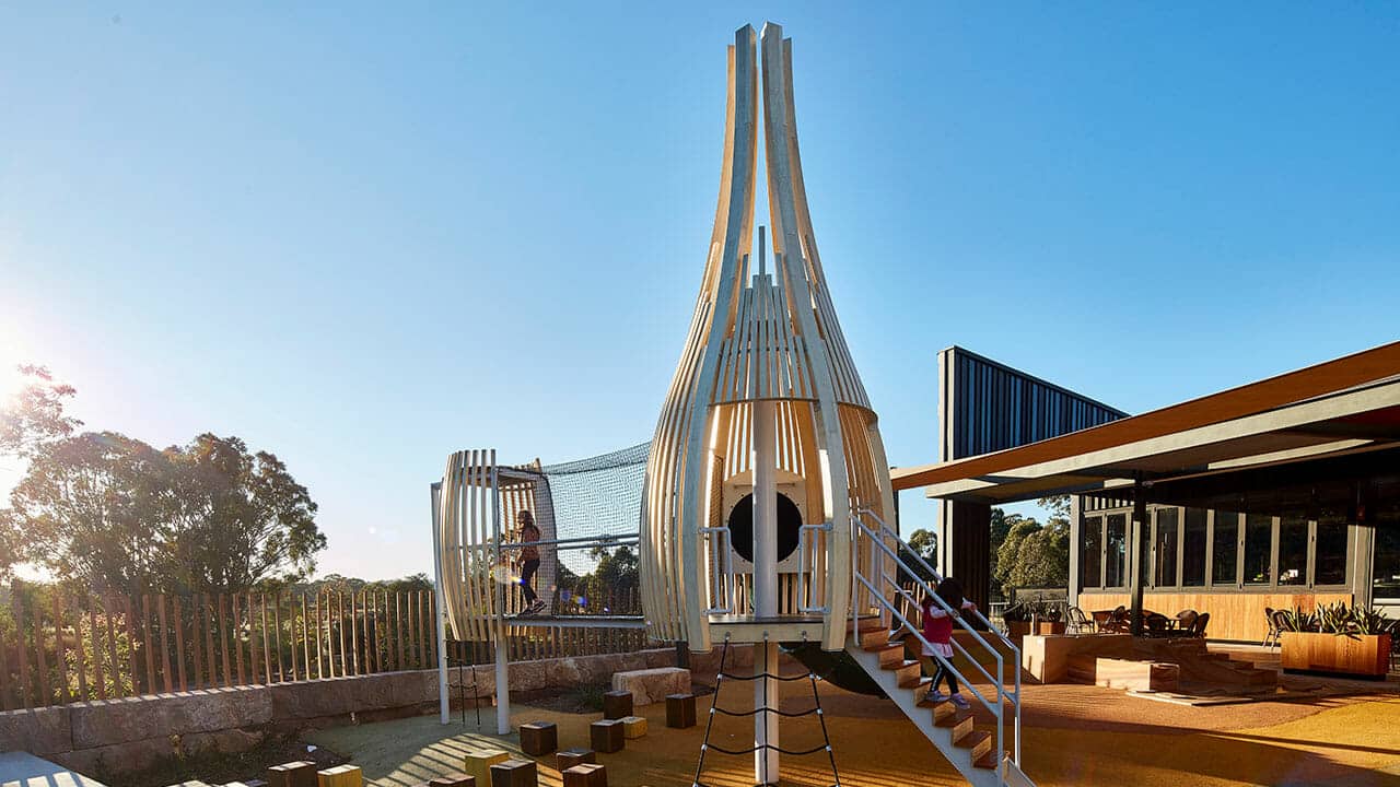 Architectural-pod-play-space-Curved-Timber-playground-Eastern-Creek-Quarter