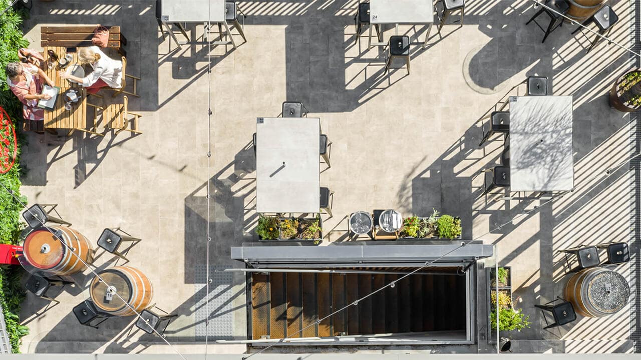Rooftop-dining-The-Fitz-Sydney-Cafe-and-Bar-Rooftop-Staircase-Skylight