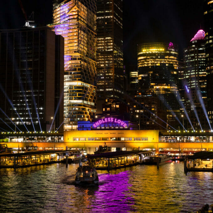 Endless Love Vivid Sydney Purple Arched Letters Ocean Reflections