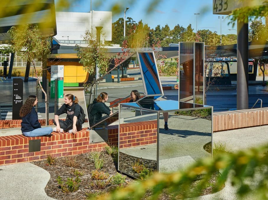 Curtin Exchange Precinct Public Artwork Sculpture Mirror Finish Students In Courtyard