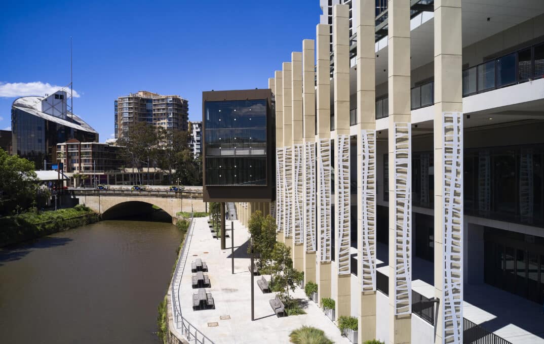 Aboriginal artwork at The Lennox in Parramatta next to the light rail